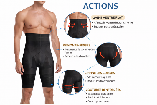 Short gainant ventre plat pour homme, taille haute, gaine amincissante sculptant le ventre et  les jambes